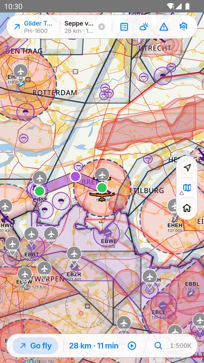 Aerovue's moving map on an Android phone
